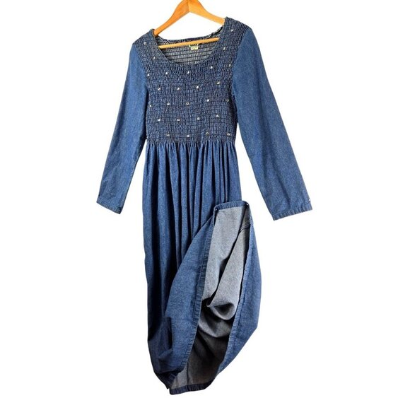 VTG Blue Denim Dress Midi Smocked Bodice High Waist Rhinestones Sz M Bossy - Picture 4 of 9